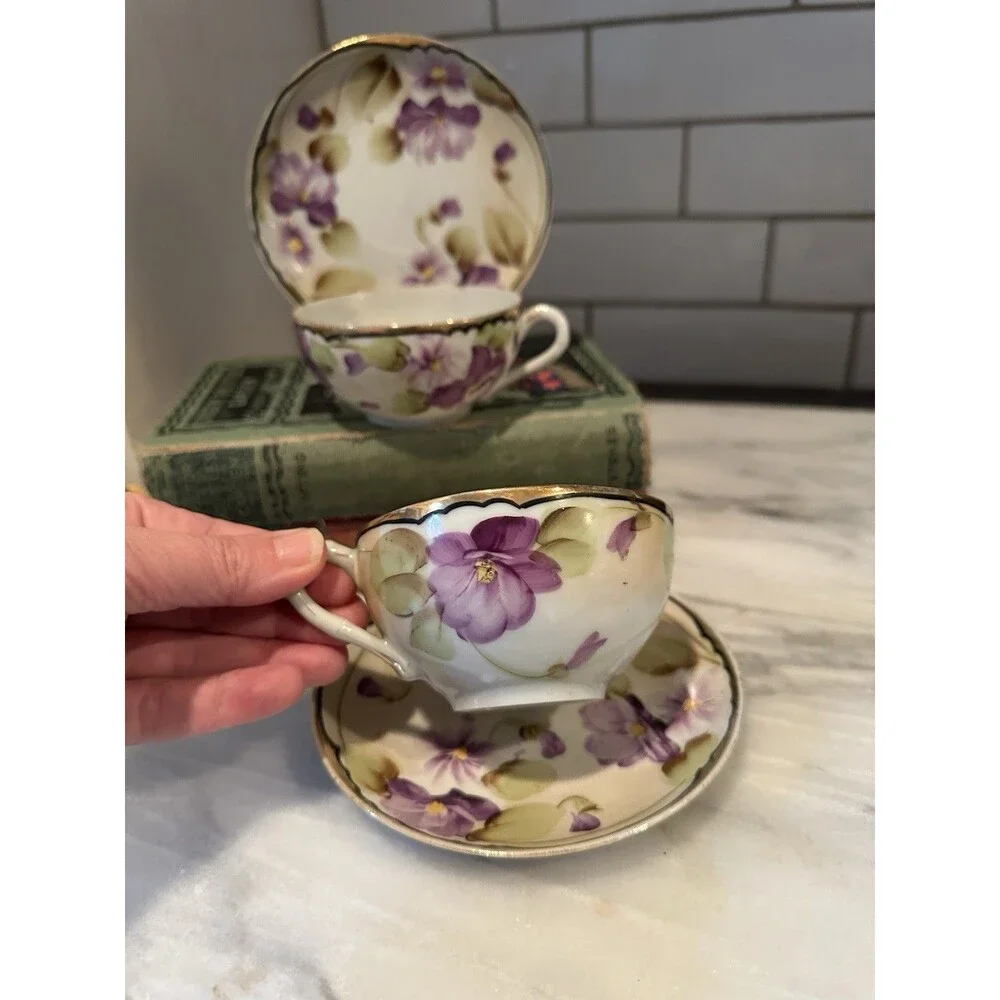 Vtg Nippon Porcelain 2 Tea Cups & Saucer Set Purple Violet Floral with Gold Trim